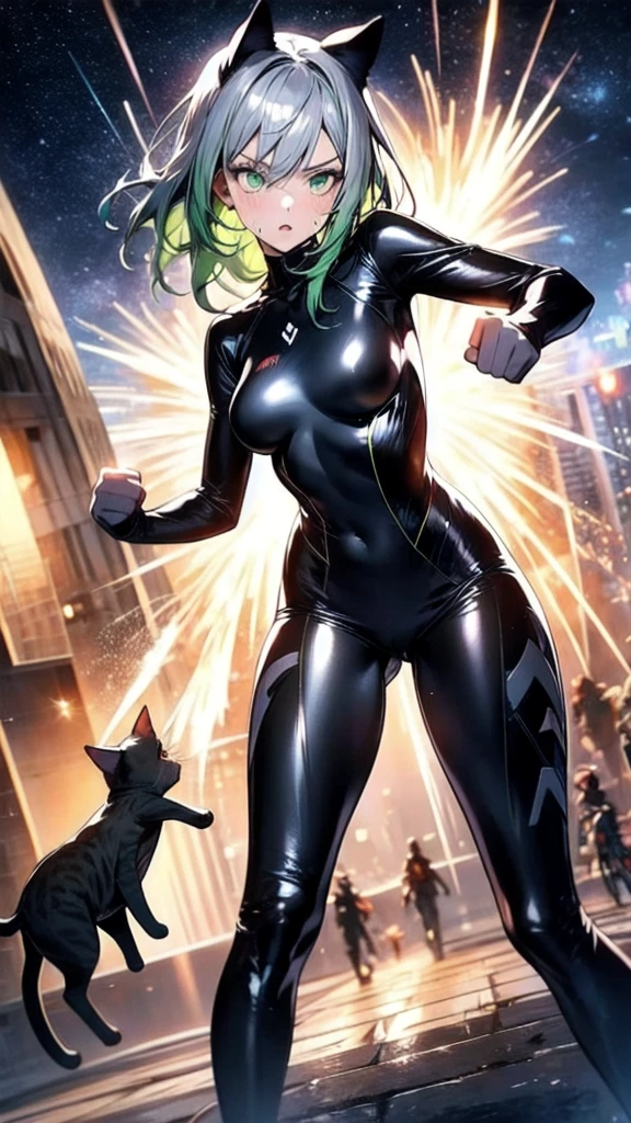 A silver-haired beautiful girl with cat ears eyes are green hair is silver and long clothes: a form-fitting black combat suit The fist is an afterimage The background is a city at night her is in a cat-like fighting pose The year is  monitor, Dark Night, Sweat, Steam of Exhalation, Space, Battle, Dynamic Angle　one girl