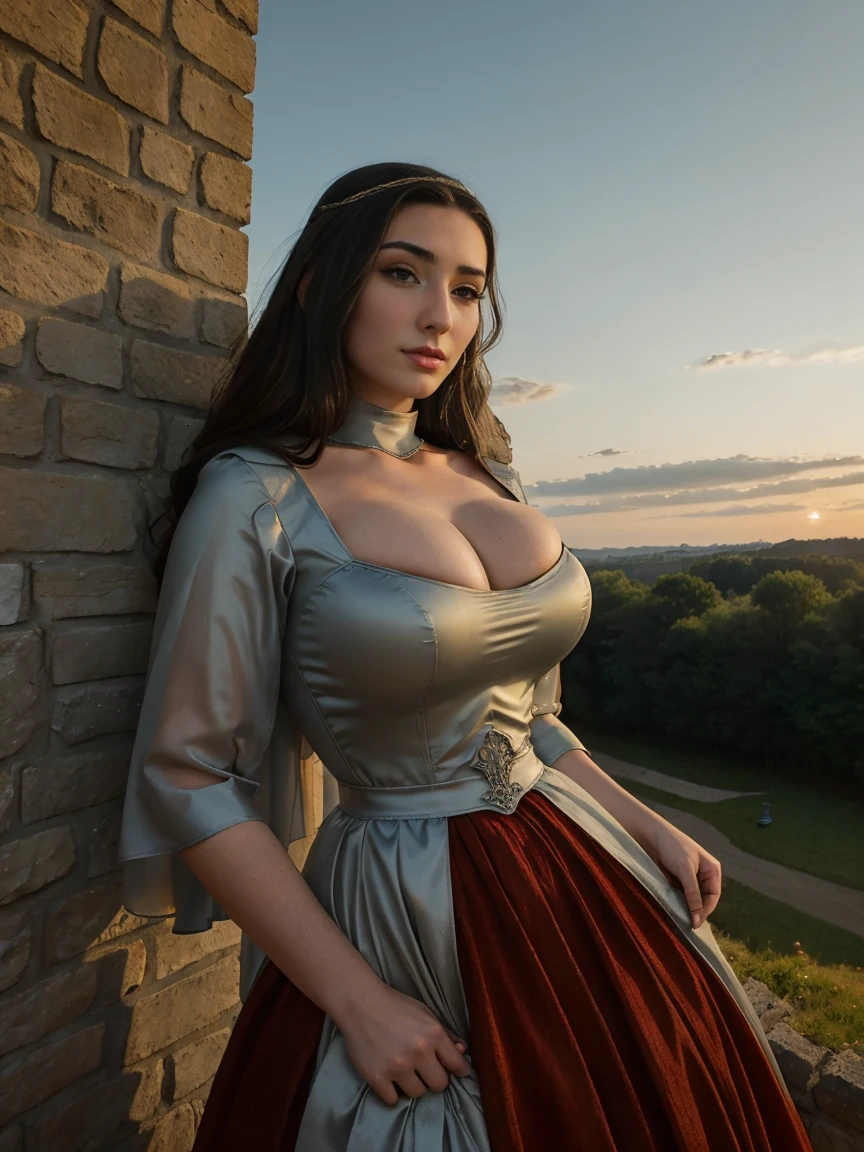 Beautiful and regal, imperious and aloof, busty athletic (thin) brunette queen with sharp facial features wearing a modest updo, dark red medieval dress, long sleeves, wide neck, crown, veil, long dress, modest dress, tight bodice, silver (waist chain), medieval jewelry, Middle Ages, castle, rampart, wall, exterior, on top of a castle wall, trees, countryside, evening, sunset.