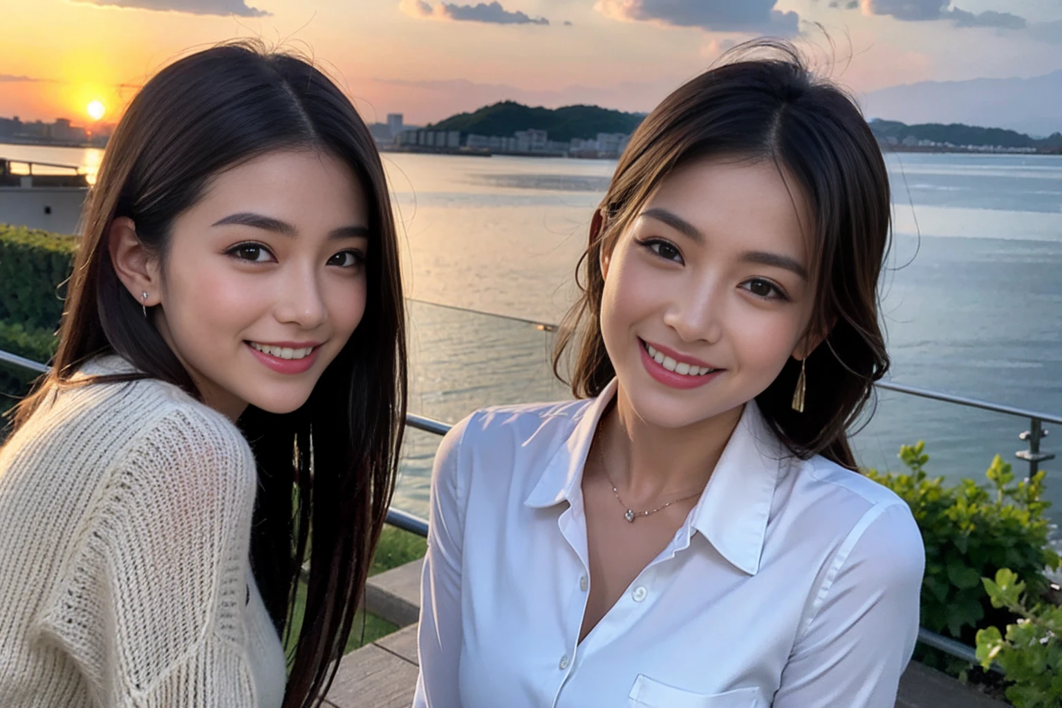 ((Highest quality、、masterpiece:1.3))、1 male、1 female,36 years old 39 years old、Shine the light on my face、Slim Beauty、Beautiful couple、Upper Body、smile、 (Slim face), (the body is スリム), (Brown Hair), (Shortcuts), テーブルのフルコースディナーとwine glass、Amazing view of the sunset sky and clouds、smileの美しさ、Wine bottle、sparkling wine、Long sleeve shirt、dress、White wine, red wine, wine glass, Beautiful fine grain, Depth f/2,saturation, High Contrast, Strong light and shadow,Moist Body:1.5、 texture、The hair is very shiny、