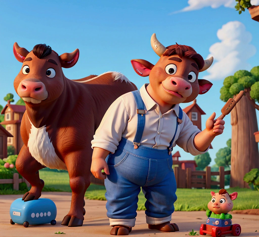A standing cow,Black and white skin,Cows on the farm,Zootopia style,Cartoon animation character,Obese body,Exaggerated image features,Wear blue suspenders,Cute,cartoon design,personification,Farm games,European and American cartoon game,best quality