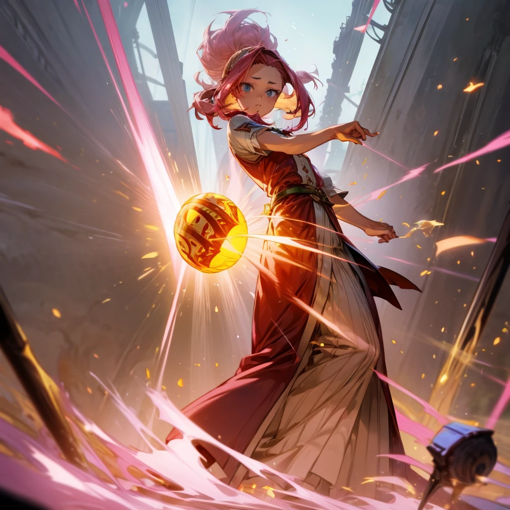 1girl, Full body version, 1character, blue eyes, long Curly haircut, pink colour hair, ancient roman style clothing, red colour clothing, Grassroots, background in field Castle, motion blur, (Hunter x Hunter style), aura effect, lighting aura, smoke effect, lighting sun, sun, plasma effect, smoke effect, fire, golden fireball,