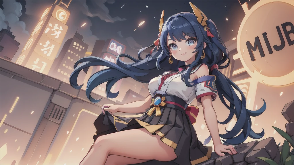 (masterpiece, Highest quality;1.3), Very detailed ,Super detailed, One girl,alone, Twin tails, Large Breasts, Wicked Smile, Gundam(Search results for RX78), sf, Mecha, , Blue Hair, alone, hair ornaments, Long Hair, Twin tails, Golden Eyes, jewelry, Earrings, View your viewers,Shinjuku City Background,night, There are lots of neon signs, Moon base, Detailed dress, Micro Mini Skirt, From below, Sitting,, Bust Shot,