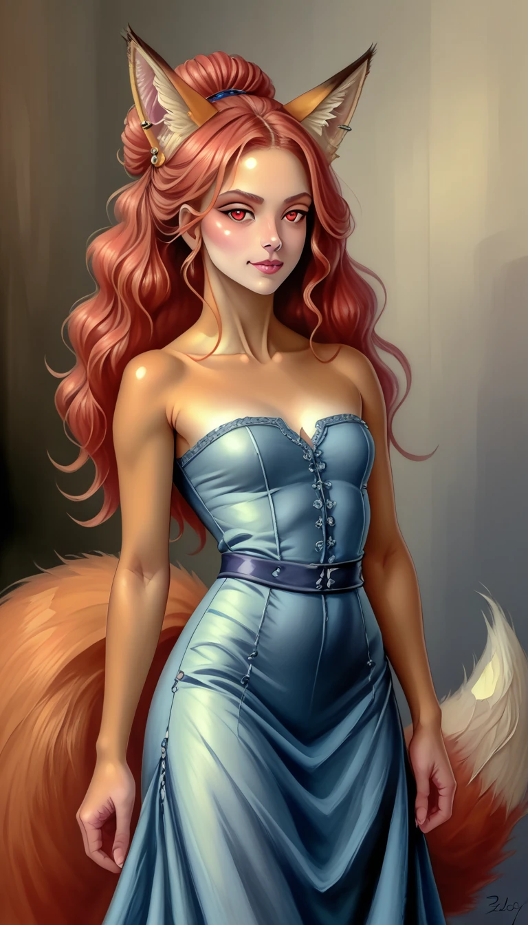 (zPDXL2), score_9_up, painterly, faux traditional media, realistic, BREAK
1girl, solo, fullbody, (fox:1.2), (long wavy hair, bun hairstyle), glowing red eyes, (fox ears, fox tail), tanned skin, cyberpunk dress, wheat farm background, BREAK
AissistXLv2, unaestheticXL_bp5, SimplePositiveXLv2, zPDXL2 PonyXLV6_Scores