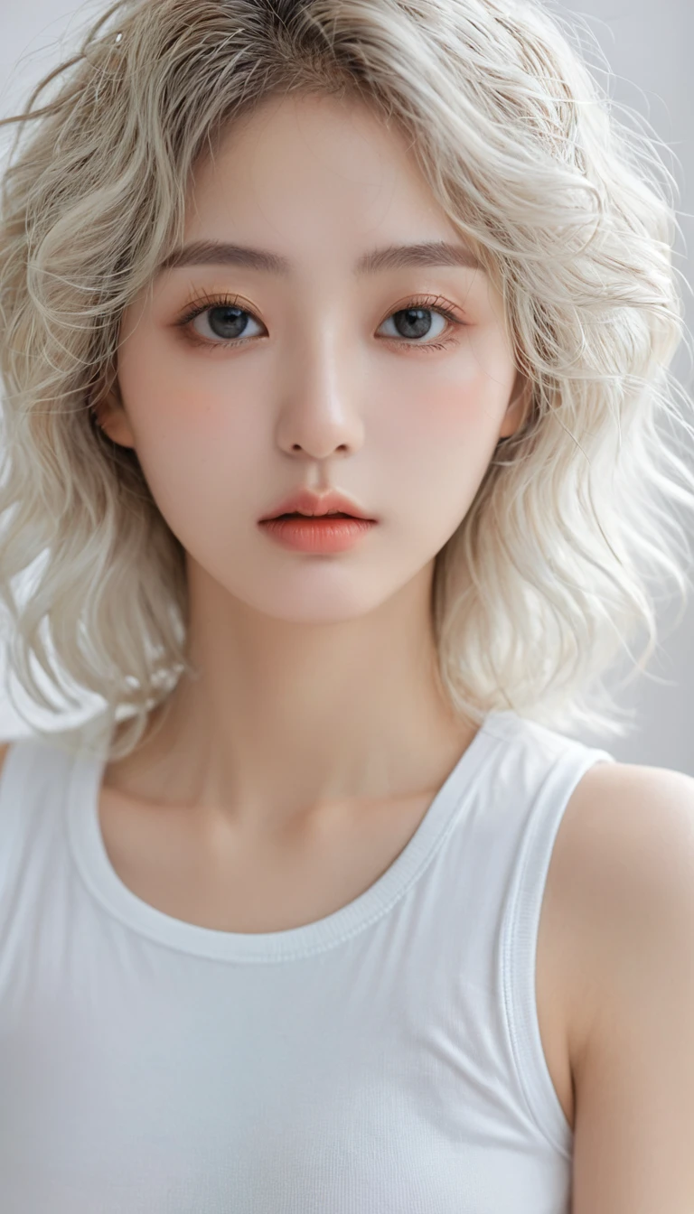 (Surrealism), (illustration), (high resolution), (8K), (Extremely detailed), (best illustration), (Beautiful and delicate eyes), (best quality), (Very detailed), (masterpiece), ( wallpaper), (Delicate face), solitary, 1 girl, White curly hair, Korean, Heterochromic eyes, There is a small mole under the eye, Loose white shirt, Yoga Pants, Large Breasts, Long legs, Tight abdominal muscles, Camel toe, Dynamic poses