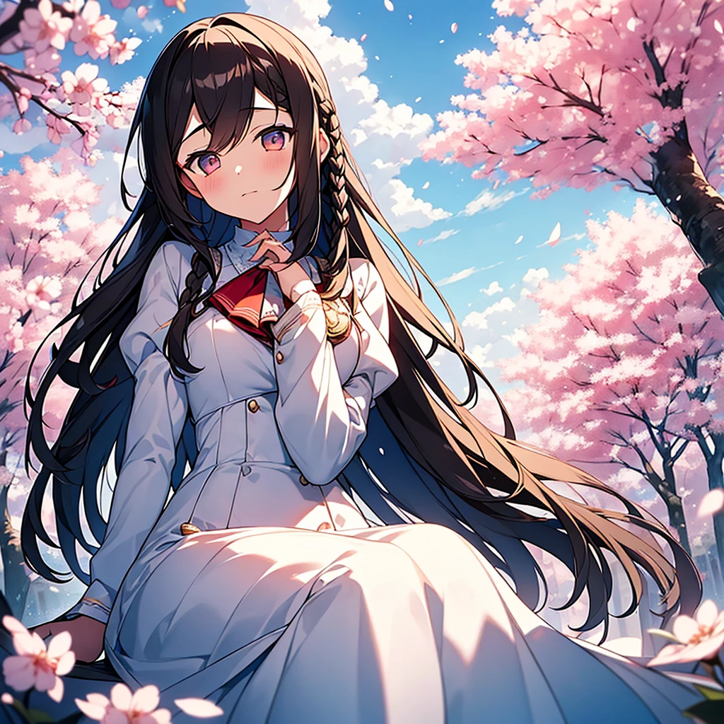 1girl, solo, aave, braid, hair ribbon, red ribbon, jewelry, white ascot, brooch, blue jacket, long sleeves, brown gloves, white dress, long dress, sitting, outdoors, cherry blossoms, falling petals, sky, cloud, dappled sunlight, cinematic angle, (masterpiece), (best quality), (ultra-detailed), very aesthetic, illustration, perfect composition, intricate details, albedo