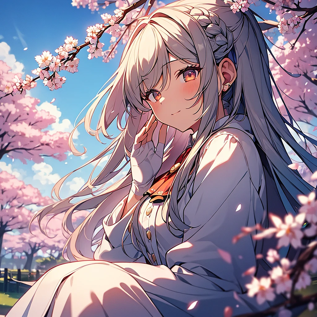 1girl, solo, aave, braid, hair ribbon, red ribbon, jewelry, white ascot, brooch, blue jacket, long sleeves, brown gloves, white dress, long dress, sitting, outdoors, cherry blossoms, falling petals, sky, cloud, dappled sunlight, cinematic angle, (masterpiece), (best quality), (ultra-detailed), very aesthetic, illustration, perfect composition, intricate details, albedo