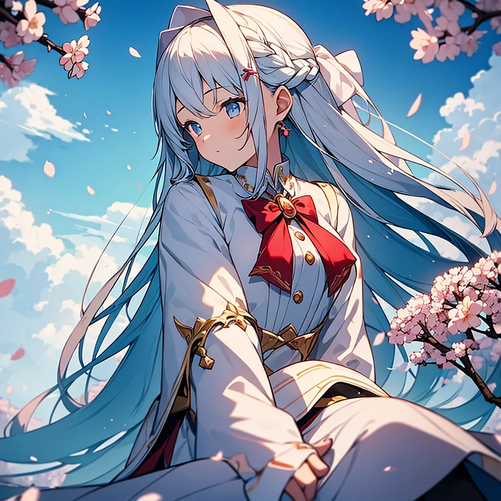 1girl, solo, aave, braid, hair ribbon, red ribbon, jewelry, white ascot, brooch, blue jacket, long sleeves, brown gloves, white dress, long dress, sitting, outdoors, cherry blossoms, falling petals, sky, cloud, dappled sunlight, cinematic angle, (masterpiece), (best quality), (ultra-detailed), very aesthetic, illustration, perfect composition, intricate details, albedo