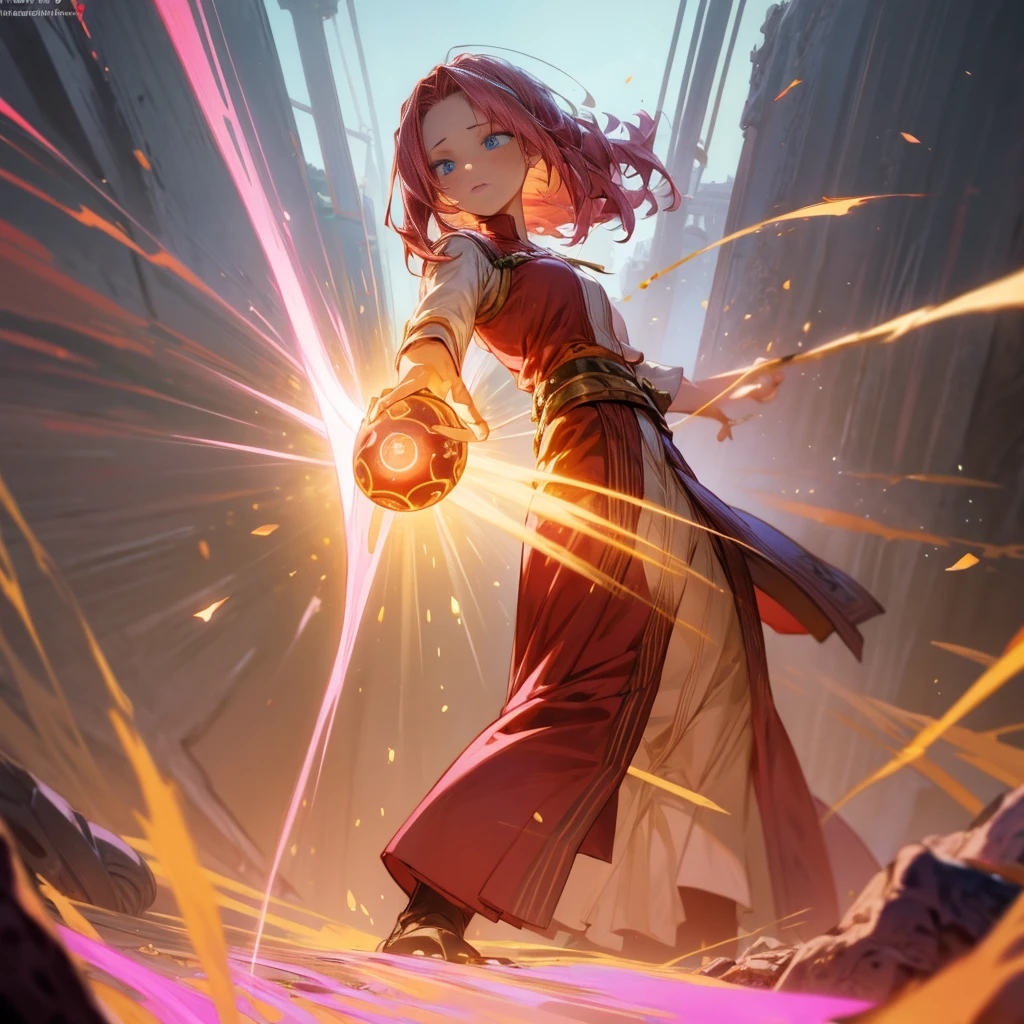 1girl, Full body version, 1character, blue eyes, long Curly haircut, pink colour hair, ancient roman style clothing, red colour clothing, Grassroots, background in field Castle, motion blur, (Hunter x Hunter style), aura effect, lighting aura, smoke effect, lighting sun, sun, plasma effect, smoke effect, fire, golden fireball, 