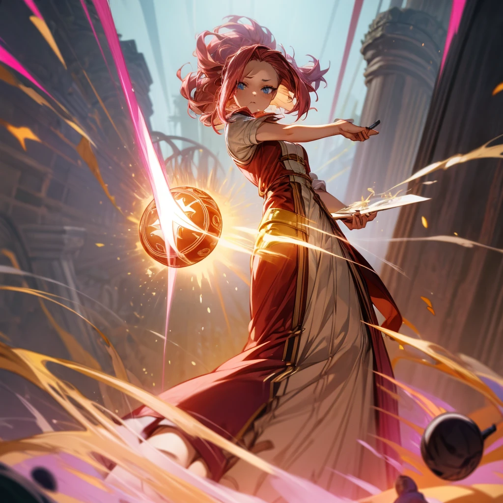1girl, Full body version, 1character, blue eyes, long Curly haircut, pink colour hair, ancient roman style clothing, red colour clothing, Grassroots, background in field Castle, motion blur, (Hunter x Hunter style), aura effect, lighting aura, smoke effect, lighting sun, sun, plasma effect, smoke effect, fire, golden fireball,