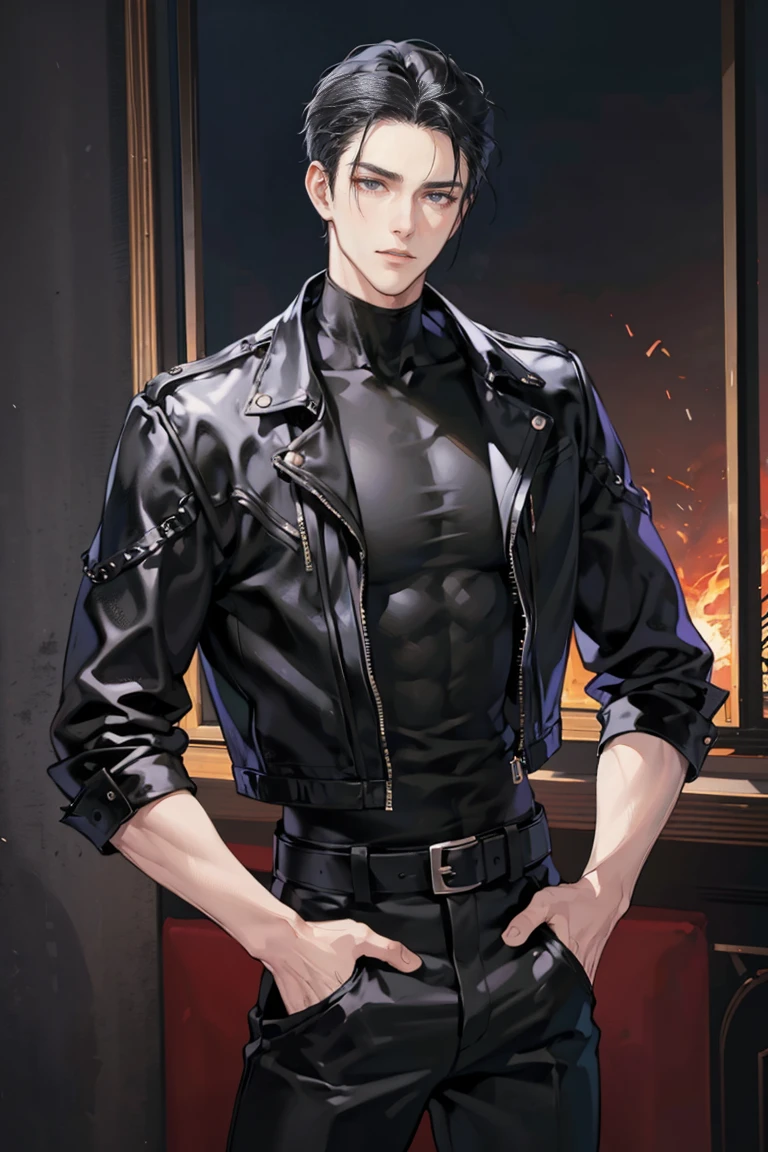 anime - (masterpiece), best quality, seductive eyes, mature face, black eyes, short slicked back black haircut, plain black t shirt, black leather jacket, black pants, tall man, long legs, masculine, broad shoulders, massive body, adult-like, full body, hands on hips, bad boy, the background is a burning and exploding city
