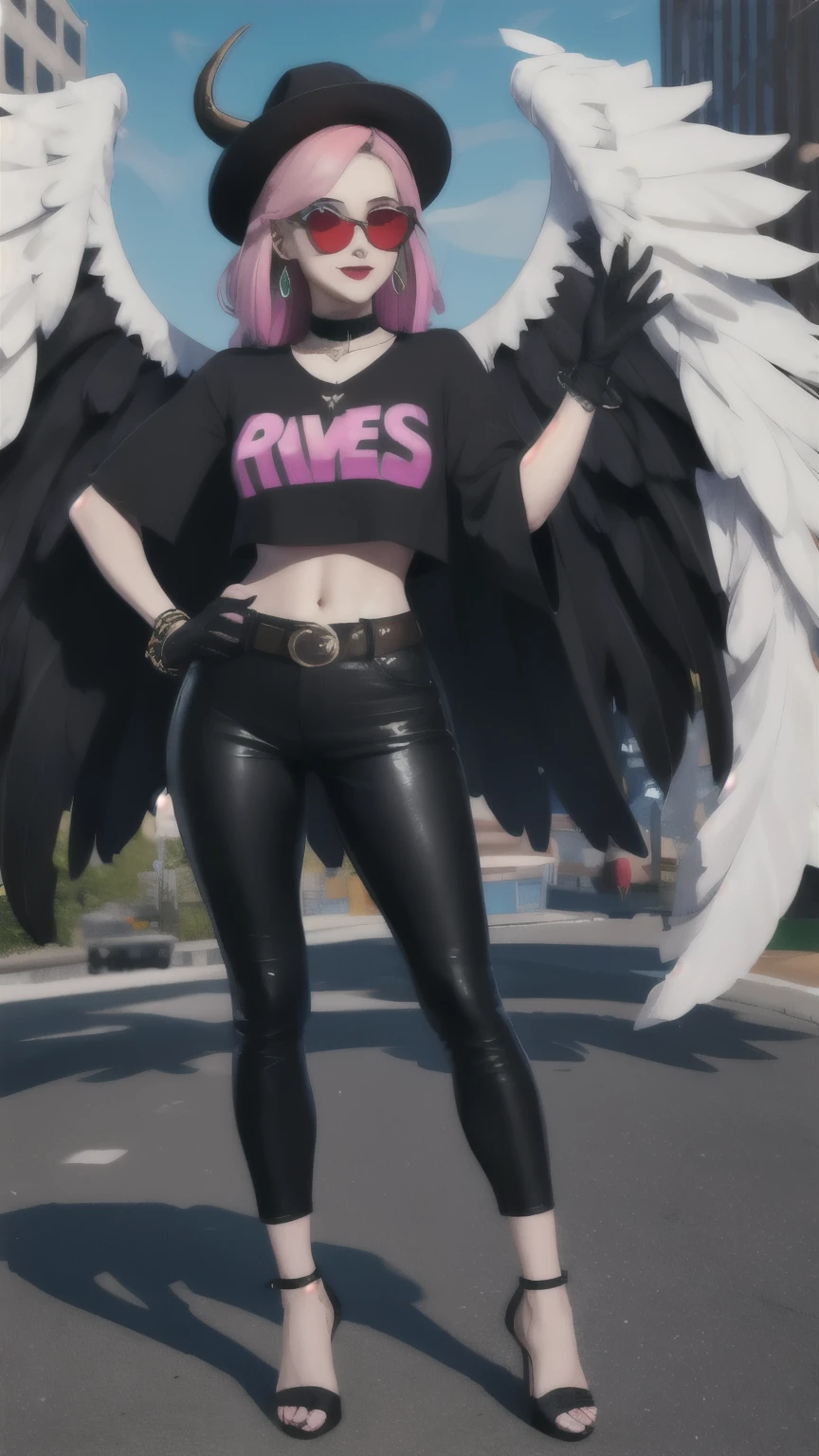 (masterpiece, best quality:1.2), 1girl, solo, city background, haze \(fortnite\), Harpy Haze From fortnite, 1girl, earrings, glasses, hat, jewelry, lips, long hair, looking at viewer, makeup, nail polish, pink eyes, pink hair, pink nails, smile, sunglasses, tinted eyewear, belt, black pants, crop top, eyeshadow, midriff, navel, pants, choker, fingernails, round eyewear, sharp fingernails, standing, black feathers, black headwear, hoop earrings, horned headwear, horns, denim, winged arms, feather trim, star \(symbol\), elbow gloves, dark pink lips, feathers, heels, shoes, angel wings, bangle, black wings, crop top overhang, feathered wings, harpy, low wings, multicolored hair, multicolored wings, pink wings, wings, fingerless gloves, high heels, shirt, long fingernails, boater hat, bootcut pants, leather pants, sleeves, black sleeves,