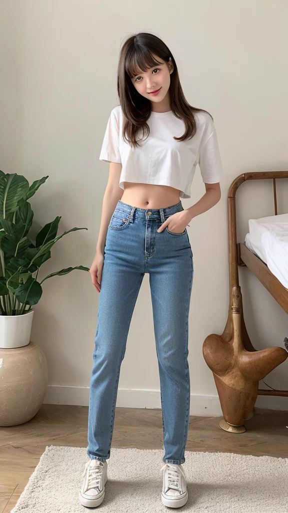 Distended belly, girl, Are standing, Hip-length jeans