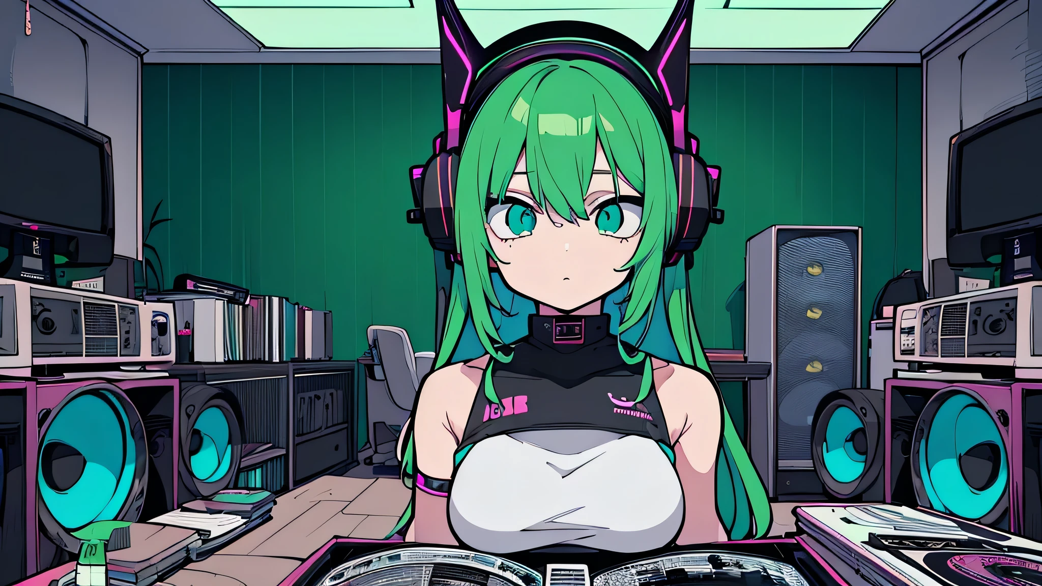 Best quality, (masterpiece), best detail face,1 girl, natural breasts, 18 yo, 8k,absurdres,unity 8k wall paper,(extremely detailed:1.3), highest realistic, (retro headphones:), (soft neon light:), (psychedelic), Her room full of music equipment and records, sports wear , See the whole room , dark green color pallet
