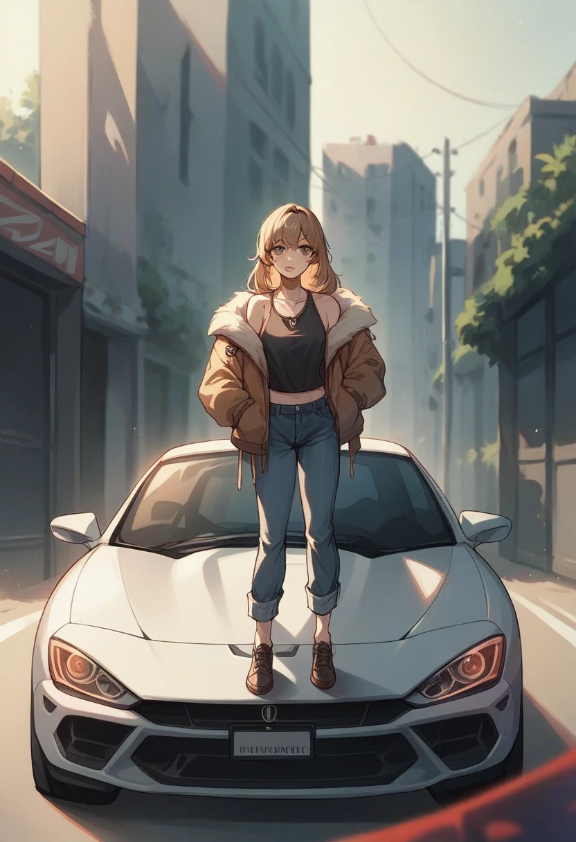 Create a russian girl standing in front of a Lamborghini