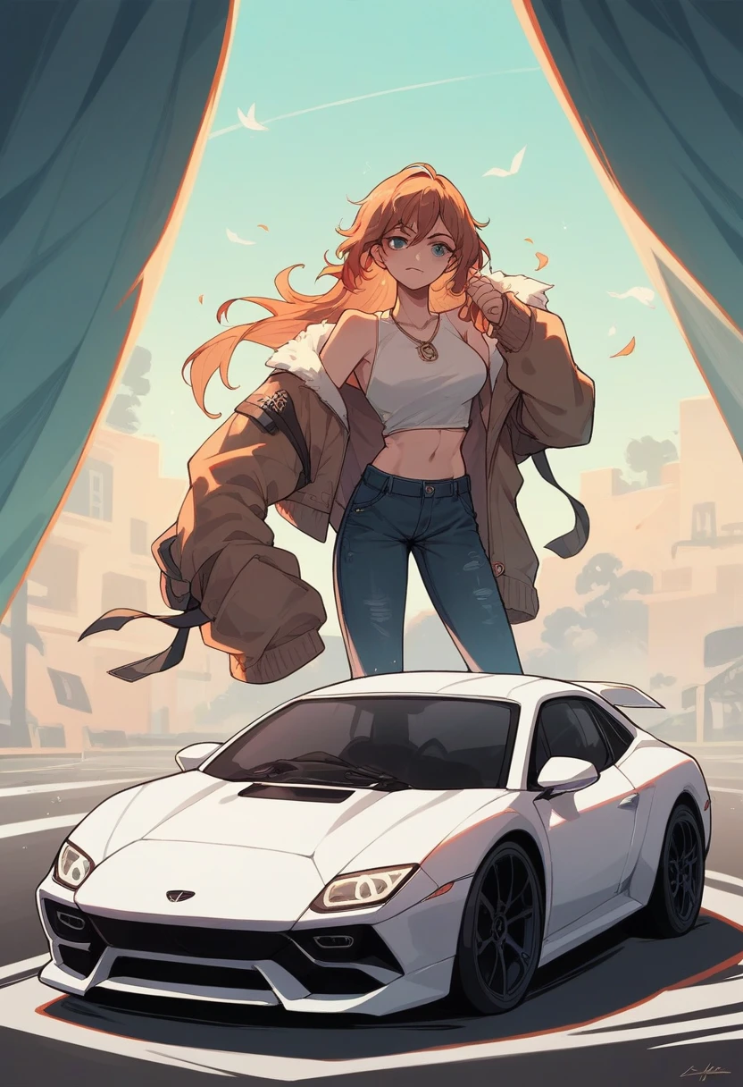 Create a russian girl standing in front of a Lamborghini