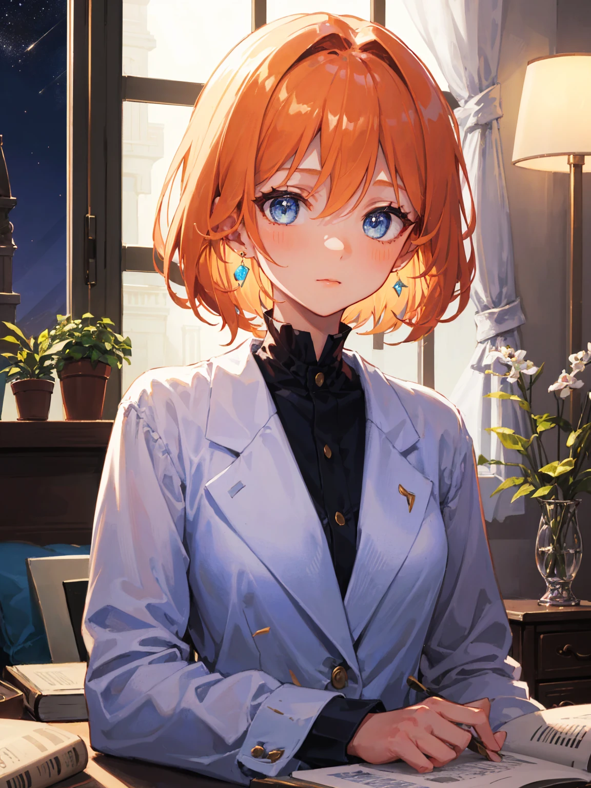 best quality, (masterpiece:1.2), illustration, absurdres, cinematic lights, film grain, (1girl, solo), (beautiful detailed girl), ((upper body, portrait)),, Kaela MacMillan, short hair, orange hair, blue eyes, medium breasts, blue crystal earrings, white jacket, having sex, intercourse, cool, calm, looking at viewer,, inside elegant bedroom, night, window, curtain, starry sky, lamp, bookcase, nightstand, vase, desk,