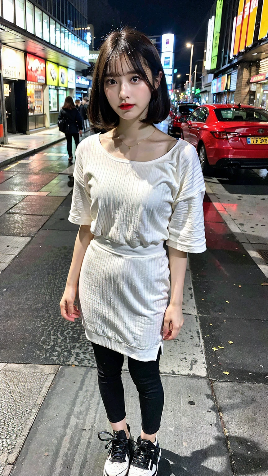 a beautiful japanese woman with very short bob haircut, full body shot, wearing fashionable clothes, necklace, simple background, (best quality,8K,32k,masterpiece:1.2),cinematic aesthetic:1.4,beautiful fashion model photo in bokeh city night,full body shot,Standing figure with feet projected