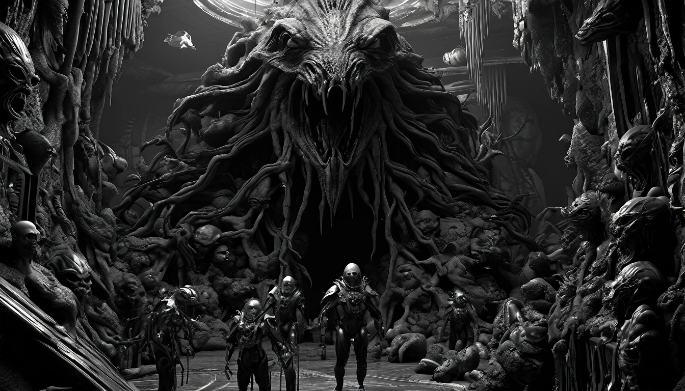 in (medium full shot:3.1) of lot of characters from (metal hurlant magazine:3.1), inspired by style of Chris Mars art, in apocalypse in chaotic world, oily and slimy creatures (with Creepy, Sci-Fi, Fantasy and Horror:2.9) retro sci fi, Horror movie, horrified, terrified, insane, disgusting, disturbing, disturbing, Impactful, cgsociety, hyper-detailed, digital illusions, retrofuturistic, cyberspace, photorealistic, arts visuals. ((cinematic film)), Ultra detailed, RAW photo, cinematic, artstation style, concept art, masterpiece, 8k, black and white, realistic textures, (3D rendering:3.1)