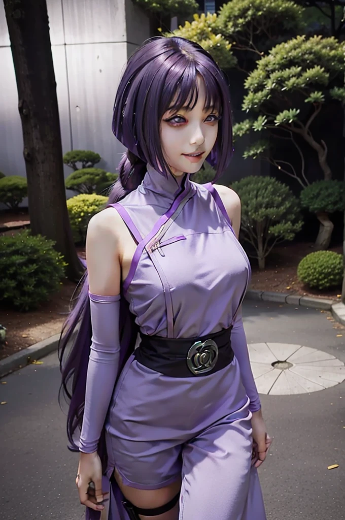 1girl, sumire in anime boruto, long hair, purple hair, purple eyes, smile, beautiful, sexy dress, sexy clothes, purple clothes, very big breast, realistic clothes, detail clothes, outdoor background, ultra detail, realistic