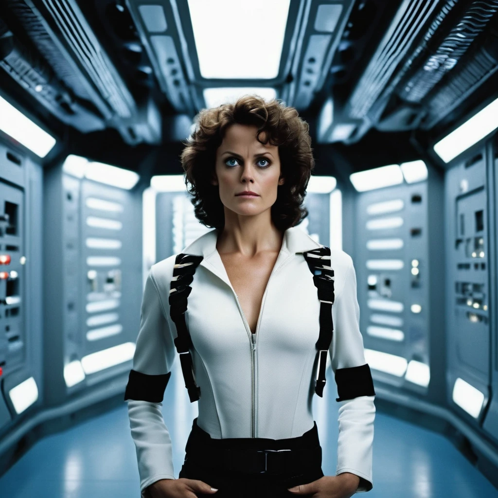 cinematic photo of a with young Sigourney Weaver as Ellen Ripley with her known curly hair and she is dressed like in (alien 1979 movie), wearing white crop top and white tong, standing in a spaceship maintenance corridor, dark, something dark Xenomorph1024 is stalking her, horror-like, alien 1979 style movie, nostromostyleai, in space station, detailed eyes, perfect eyes, detailed lips, detailed nose, detailed face, detailed hands, detailed fingers, perfect fingers, detailed fingernails, detailed clothing and accessories , fairytale dreamlike light, , fantasy setting,, Expressiveh, open mouth, tongue out