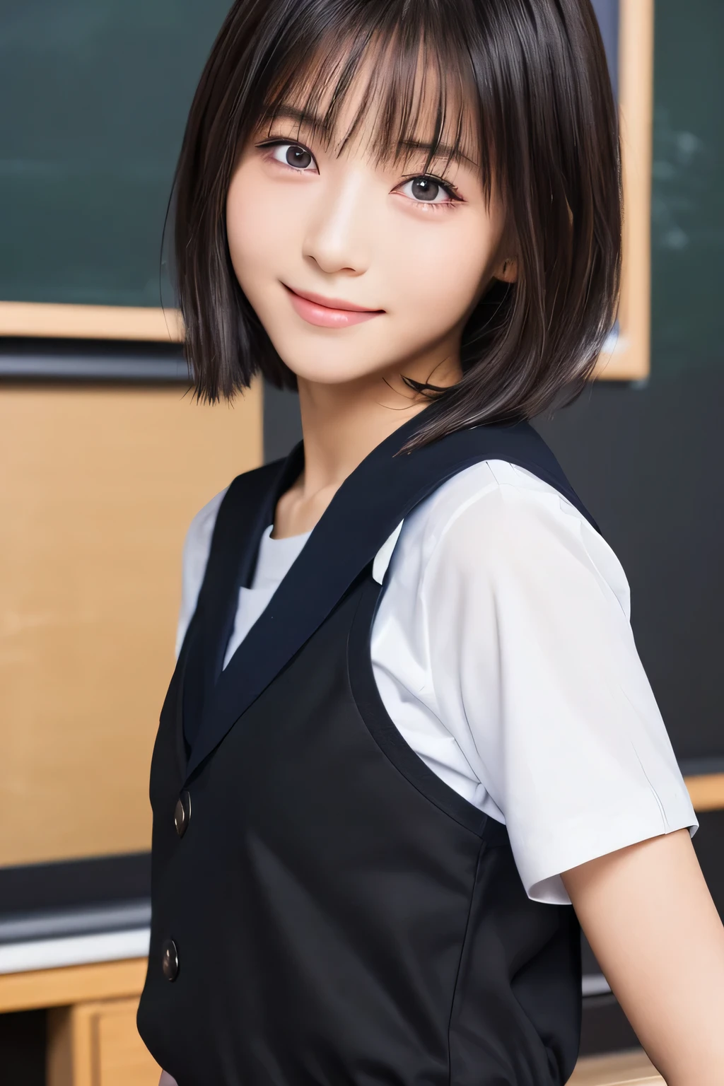 (Beautiful  drawing on a blackboard:1.4), ************, (Highest quality:1.4), (Very detailed), (Very detailed美しい顔), Short sleeve, (school uniform:1.5), Great face and eyes, iris, Medium Bob Hair, The Beauty of Japan, (Skinny body type:1.1), (Flat Chest:1.3), smile, Open your mouth, (Scribbled blackboard:1.4), Smooth, Very detailed CG synthesis 8k wallpaper, High-resolution RAW color photos, Professional photography, Light, BackLight, dream-like, impressive, Written boundary depth, (Face close-up:1.4), (Shooting from behind:1.3), BREAK(School classroom:1.3)