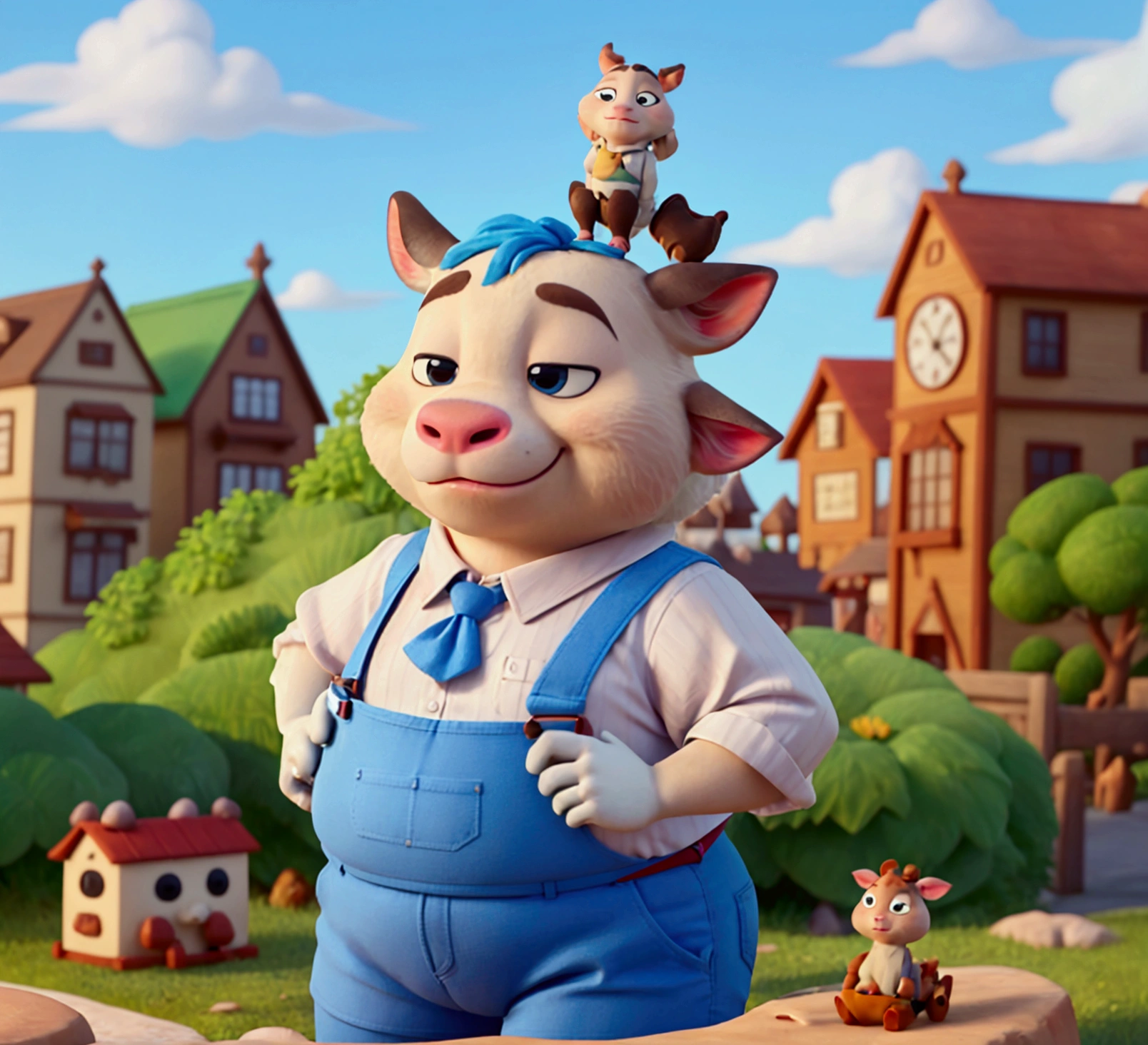 A standing cow，White skin，Zootopia style，Cartoon animation character，Chubby body，Wear blue suspenders，Cute，cartoon design，personification，European and American cartoon game，best quality