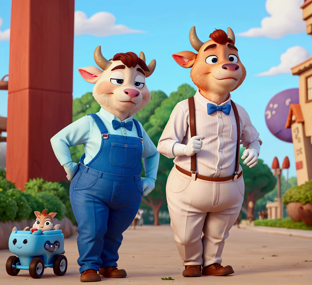 A standing cow,White skin,Zootopia style,Cartoon animation character,Chubby body,Wear blue suspenders,Cute,cartoon design,personification,European and American cartoon game,best quality