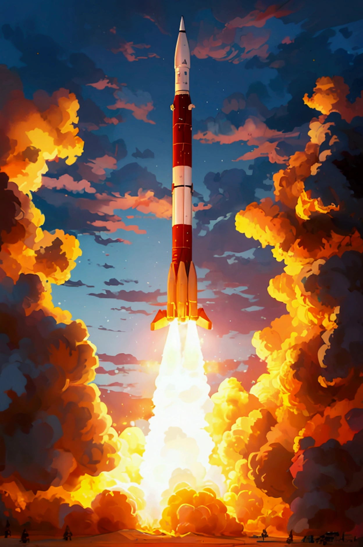 MLRS rocket launch . ROCKET IN THE AIR, dark background extreme explosion bright lights