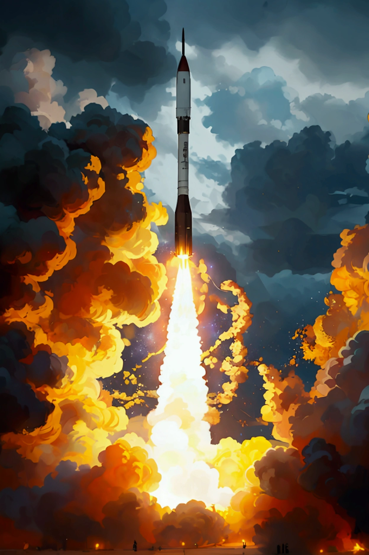 MLRS rocket launch . ROCKET IN THE AIR, dark background extreme explosion bright lights