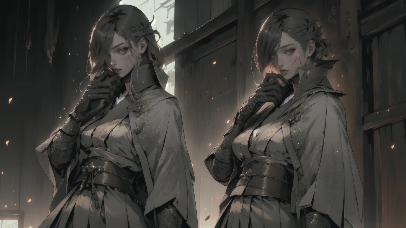 RAW Photos, (Intricate details, Skin with attention to detail, Detailed eyes:1.1), Highest quality, 8K Ultra HD, Soft lighting, Side bust, short hair with long locks, Hip vents, short hair, Small breasts, (Brown eyes:1.1), Black Hakama, Very good, gloves, Hakama skirt, Low Twin Blade, sash, Glowing Eyes