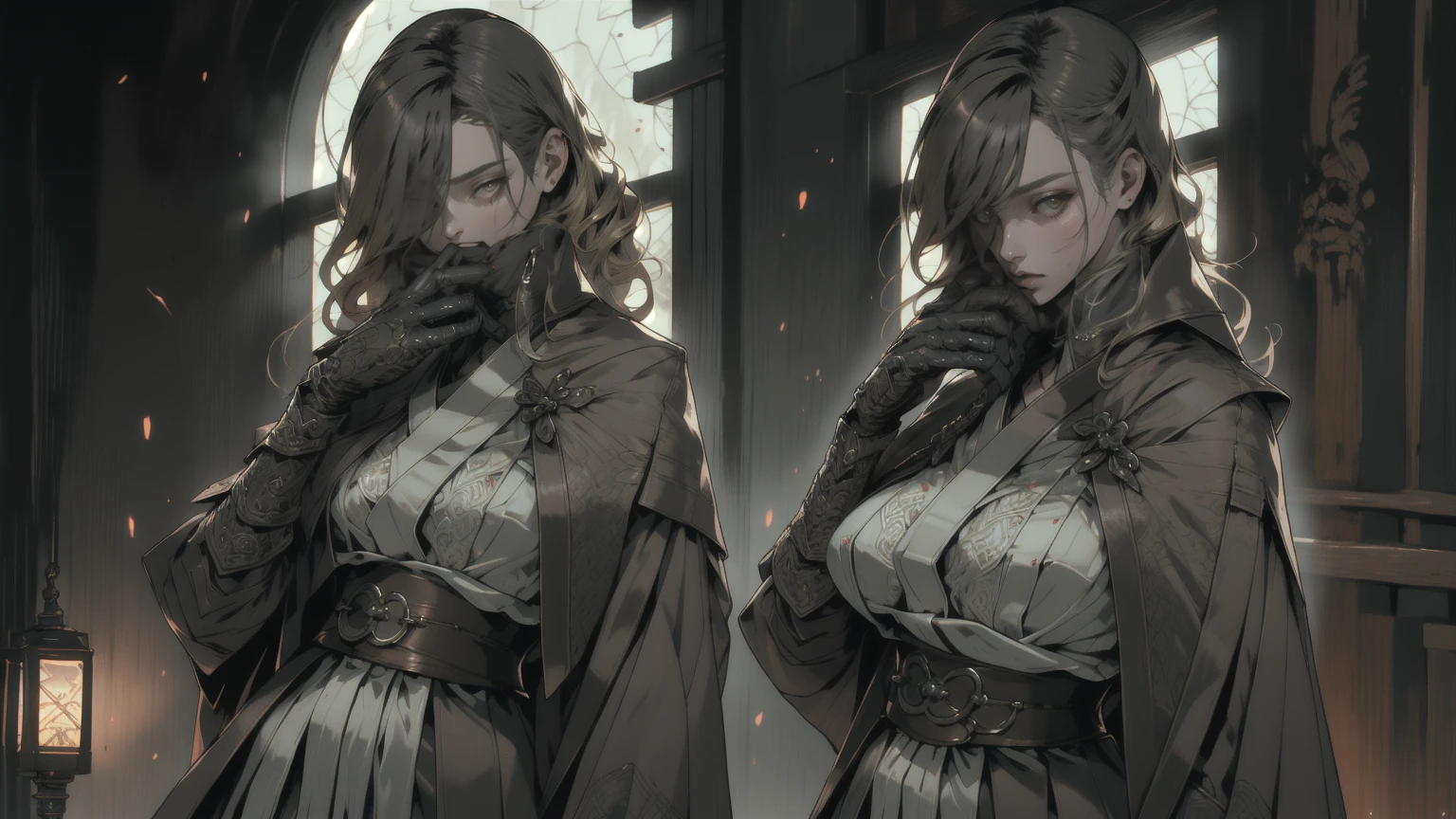 RAW Photos, (Intricate details, Skin with attention to detail, Detailed eyes:1.1), Highest quality, 8K Ultra HD, Soft lighting, Side bust, short hair with long locks, Hip vents, short hair, Small breasts, (Brown eyes:1.1), Black Hakama, Very good, gloves, Hakama skirt, Low Twin Blade, sash, Glowing Eyes