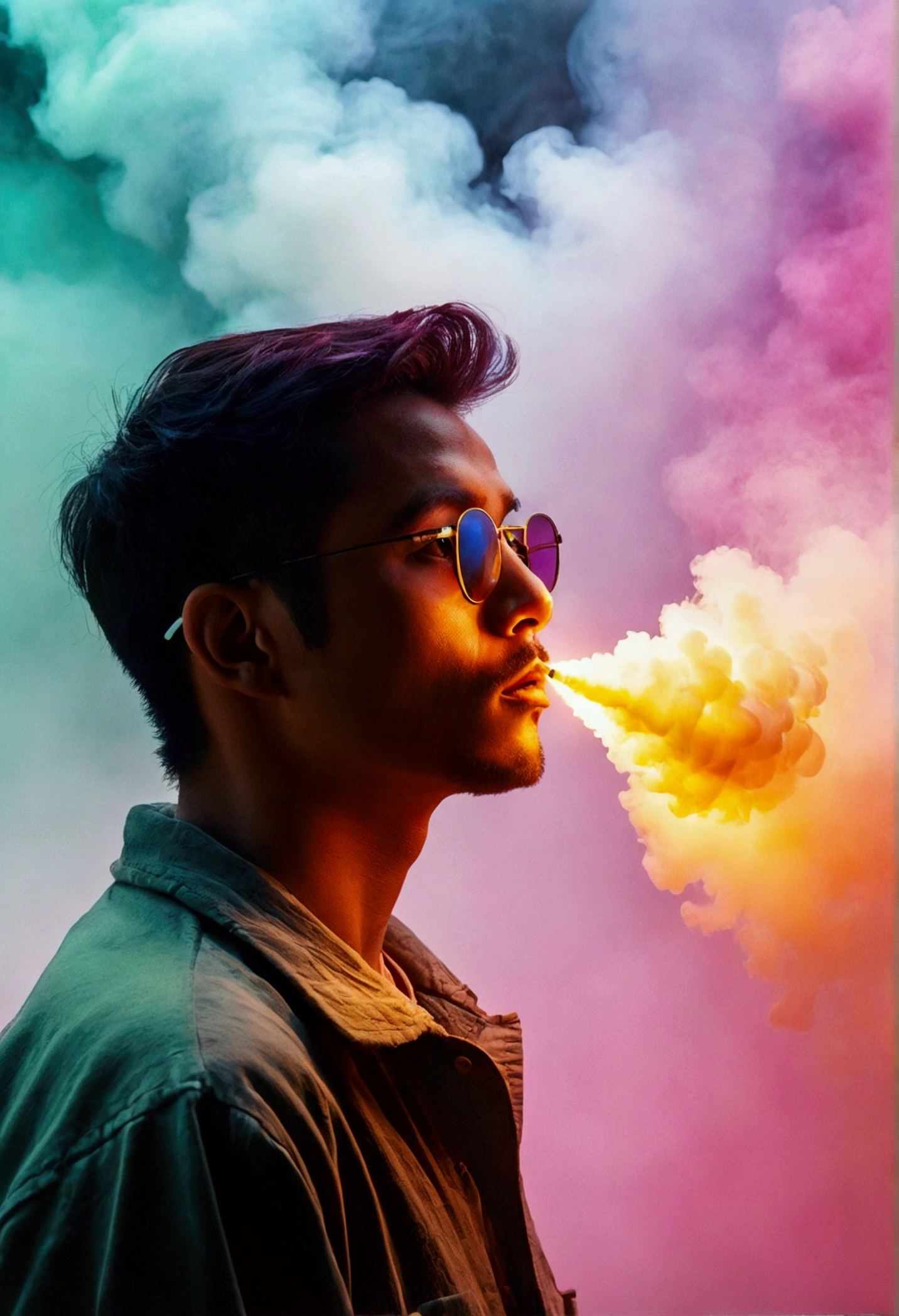 A person shoots two beams of light from both eyes，Reflecting the colorful mist smoke drifting away，Old album cover，Simple style，Out-of-body experiences