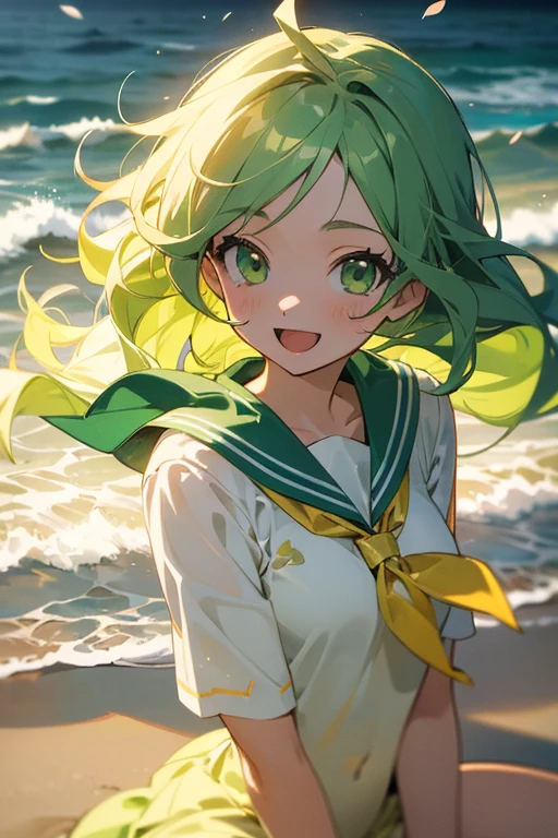 (masterpiece),  anime,scenery,  sandy beach overlooking the sea, petals,  light particles,yellow one piece ,  upper body,  1girl,  sailor,  wavy hair,  floating hair,  smile,  sitting,  open mouth,  light particles,  green hair,  green eyes,  looking at viewer,  face focus