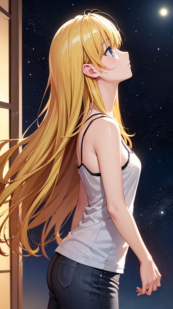 (masterpiece:1.3), (best quality:1.1), (8k, ultra detailed, ultra high res:1.2), ((anime style)), perfect 5 fingers, perfect anatomy, behind arms back, 
1girl,
BREAK long hair, wavy hair, 
(blonde hair), (blue eyes), BREAK medium breasts, (camisole, Sequins:1.4), white camisole,   
(looking up, dramatic angle, from side:1.4), (cowboy shot:1.1), BREAK outdoor, ((Starry night sky, galaxy)), 