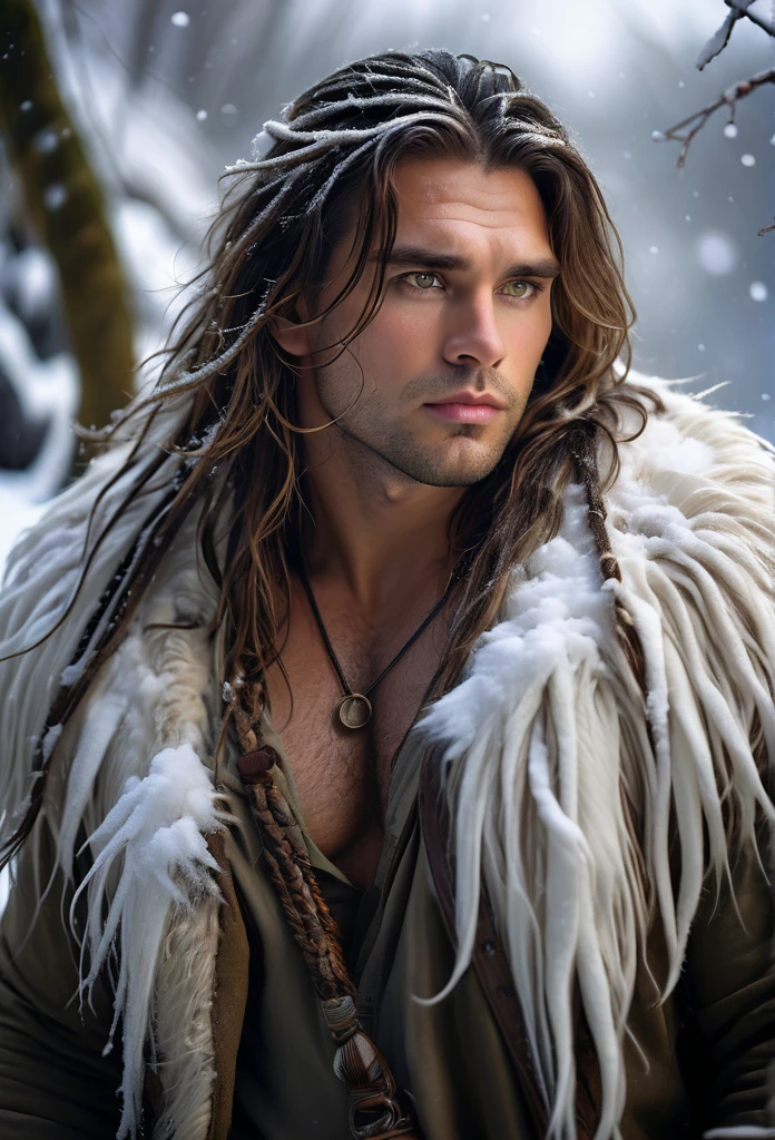 A masculine, Bulky Male, in a snowy Climate, long And Tangled hair, hazel eyes, Wears animal Hides only, Primal Setting, Jungle ruins Back ground, HD, Ultra Scenery, Vivid lighting.