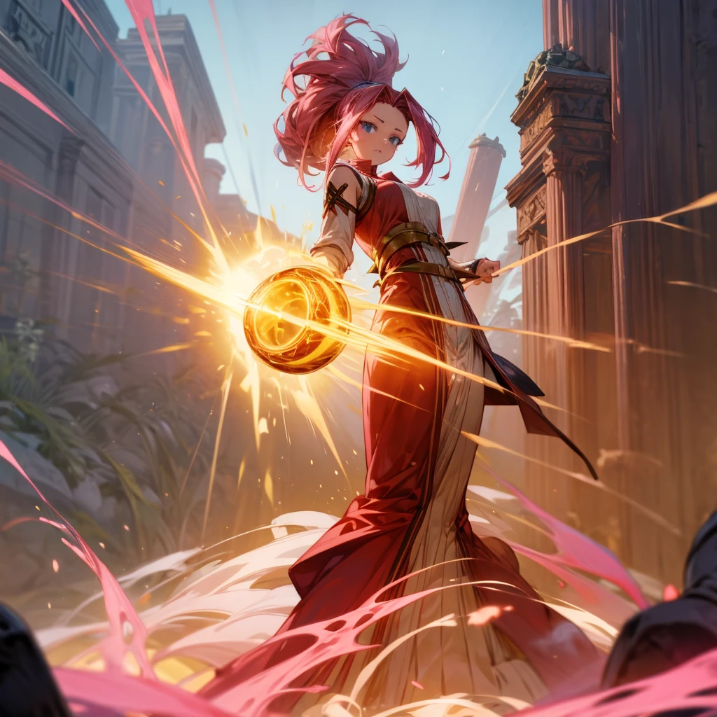 1girl, Full body version, 1character, blue eyes, long Curly haircut, pink colour hair, ancient roman style clothing, red colour clothing, Grassroots, background in field Castle, motion blur, (Hunter x Hunter style), aura effect, lighting aura, smoke effect, lighting sun, sun, plasma effect, smoke effect, fire, golden fireball, 