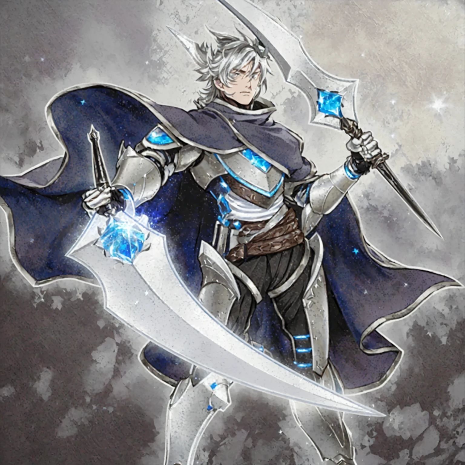 Cartoon character holding sword and armor in rocky area, Keqing from genshin impact, Magic Knight full map, Sharp RPG portraits, Casimir Art, A human male paladin, Silver Ice Reflective Armor, Blue and white armor, young shadow mage male, The handsome guy in Demon Slayer, Photo of an adult male warrior