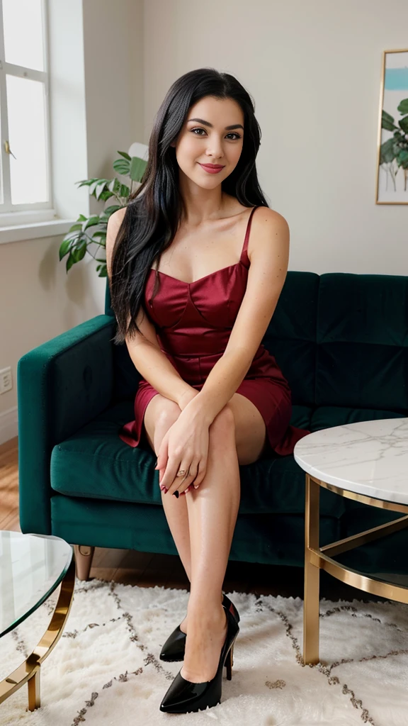 {
camera_angle: {Full body, front view, focusing on legs and hips},
outfit: {short red dress, black high heels},
physical_description: {Slim body, long straight black hair, large green eyes, thin arched eyebrows, small upturned nose, thin pink lips, very fair skin, sweet beautiful face with a warm smile},
pose: {sitting on a sofa with legs crossed, looking expectantly},
background: {Cozy living room with soft lighting, modern furniture, and a coffee table in front of the sofa}
}