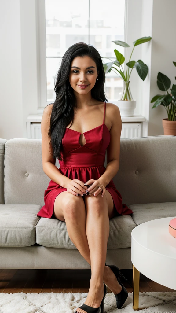 {
camera_angle: {Full body, front view, focusing on legs and hips},
outfit: {short red dress, black high heels},
physical_description: {Slim body, long straight black hair, large green eyes, thin arched eyebrows, small upturned nose, thin pink lips, very fair skin, sweet beautiful face with a warm smile},
pose: {sitting on a sofa with legs crossed, looking expectantly},
background: {Cozy living room with soft lighting, modern furniture, and a coffee table in front of the sofa}
}