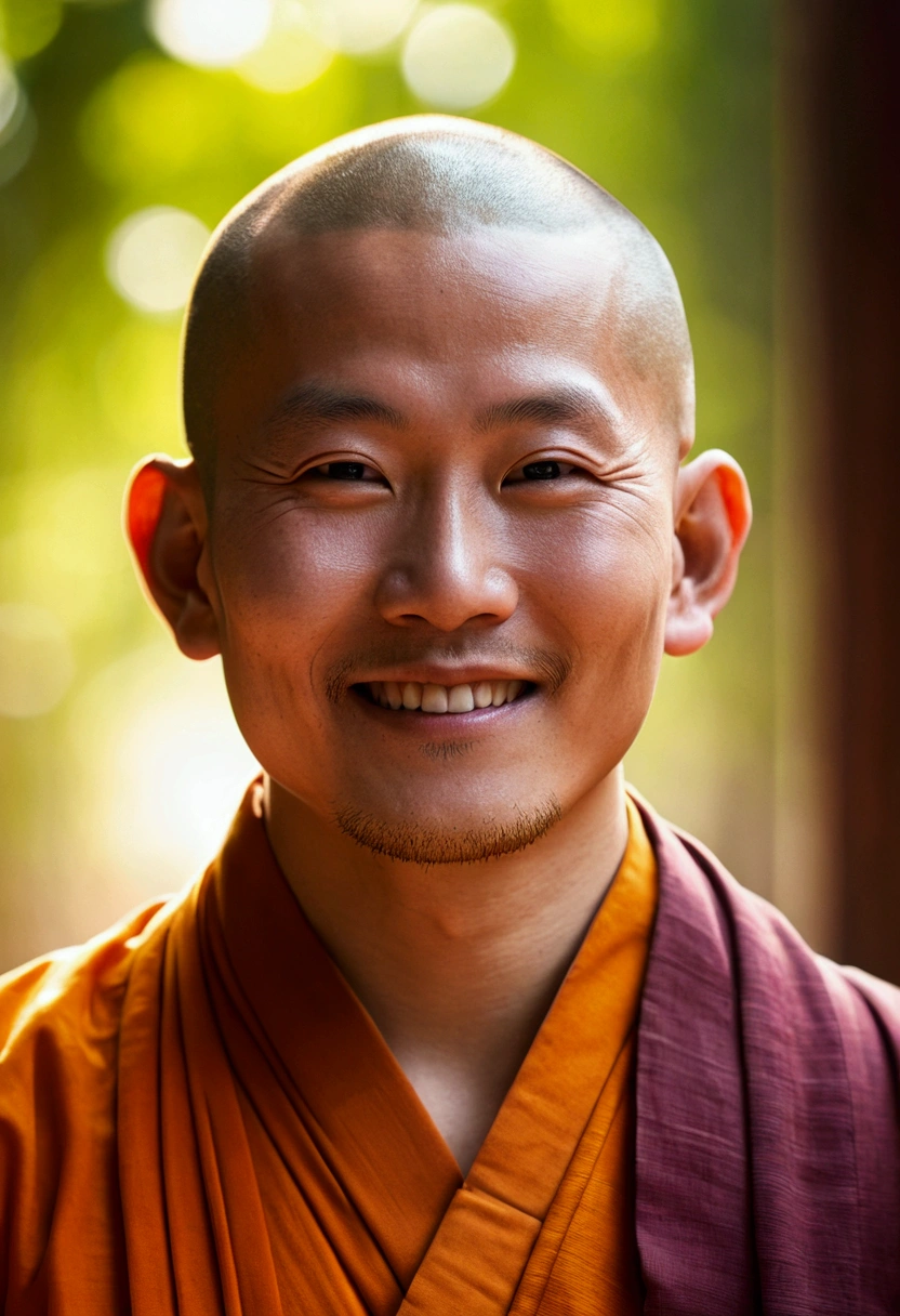 Asian monk，look forward to，To meditation,, In bright light, Musibu, Wallpaper Art, UHD wallpaper、smile、Natural background、Man with face up