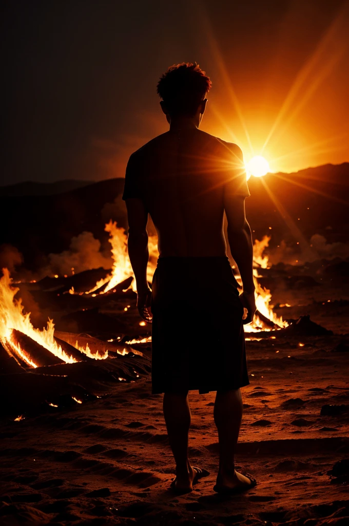 Generate a man standing in Hell fire without dress, facing back view, near burning sun.