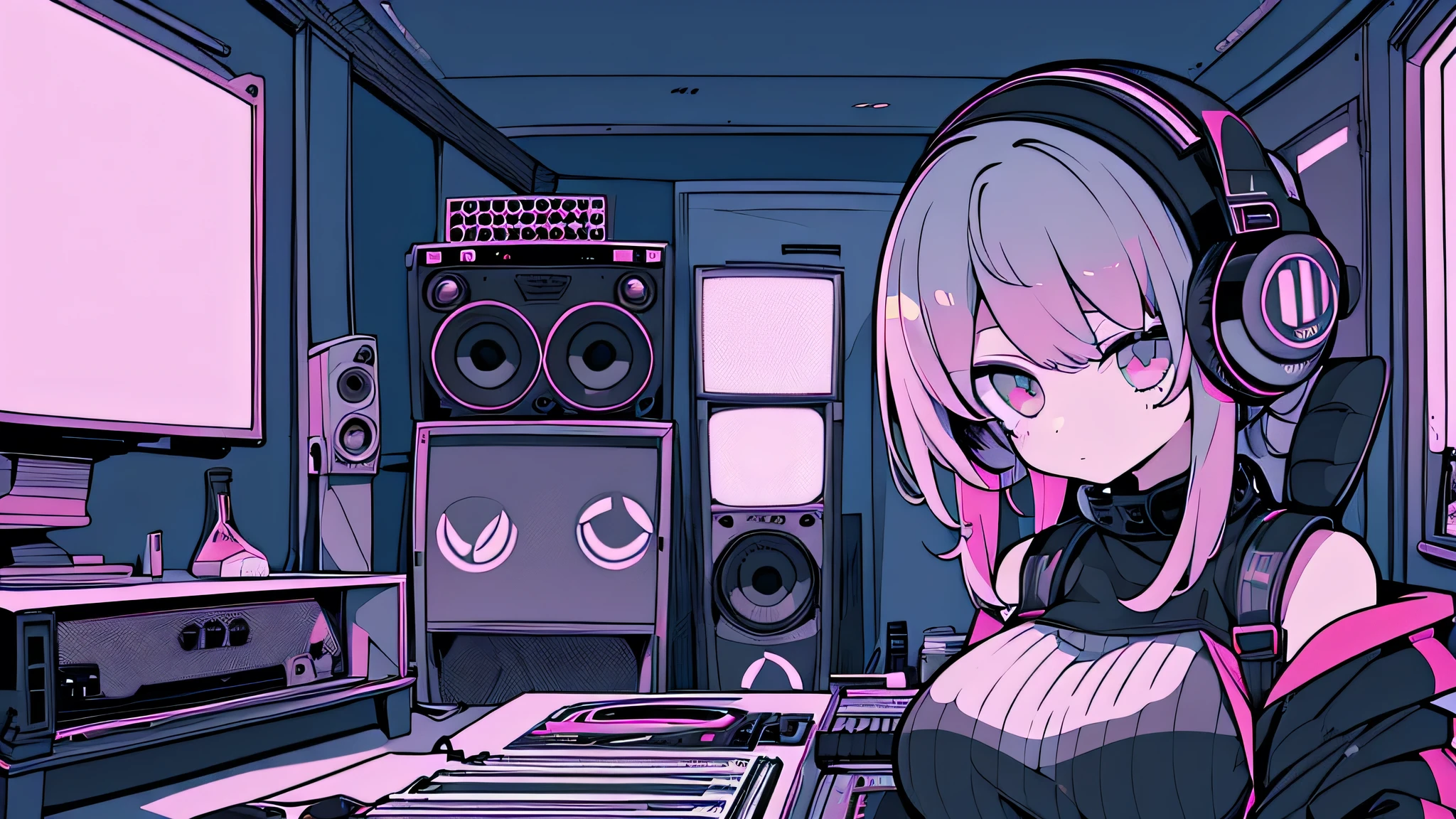 Best quality, (masterpiece), best detail face,1 girl, natural breasts, 18 yo, 8k,absurdres,unity 8k wall paper,(extremely detailed:1.3), highest realistic, (retro headphones:), (soft neon light:), (psychedelic), Her room full of music equipment and records, sports wear , See the whole room , dark grey color pallet