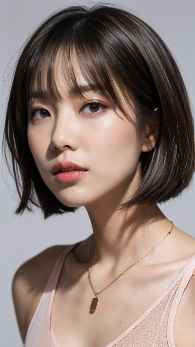 Short brown hair in a bob cut、bangs、big expressive eyes、Smooth Skin、She wore a pale pink tank top and a delicate necklace.、Warm tones、High quality and detailed rendering of a young Asian woman portrait。