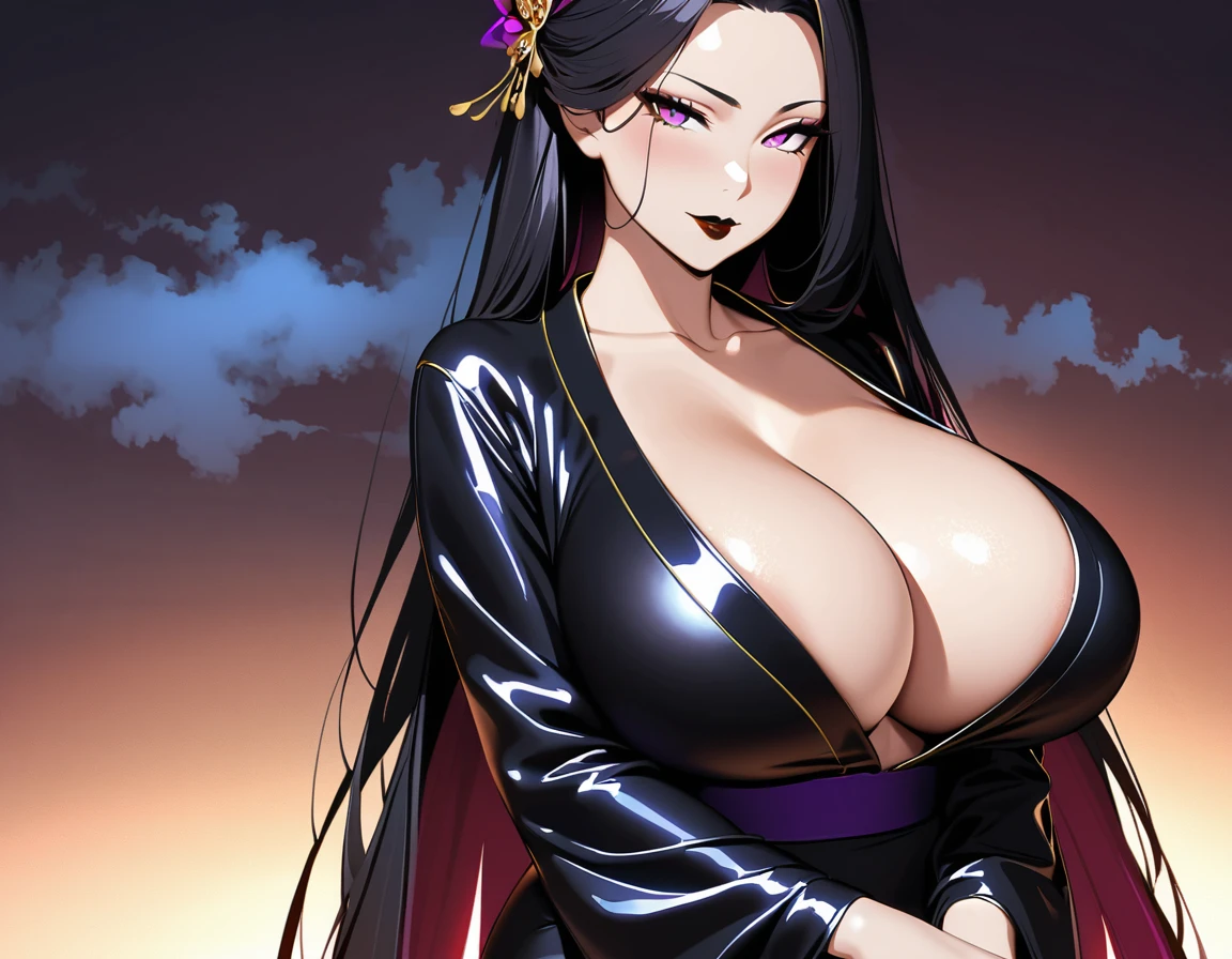 (masterpiece, high quality, lifelike, Ultra realistic, Remarkably high quality, photorealistic:1.5), Anime Woman Tsubaki Miyajima with Black Long Hair wearing a Black Kimono with red fire design on the Kimono minimalist logo design bright colors, high quality, extreme quality, super detailed, Wide hips, Narrow waist, Close-up:0.6, Upper-body view, Looking at viewer, Large 36DD Breasts, Sexy, pretty