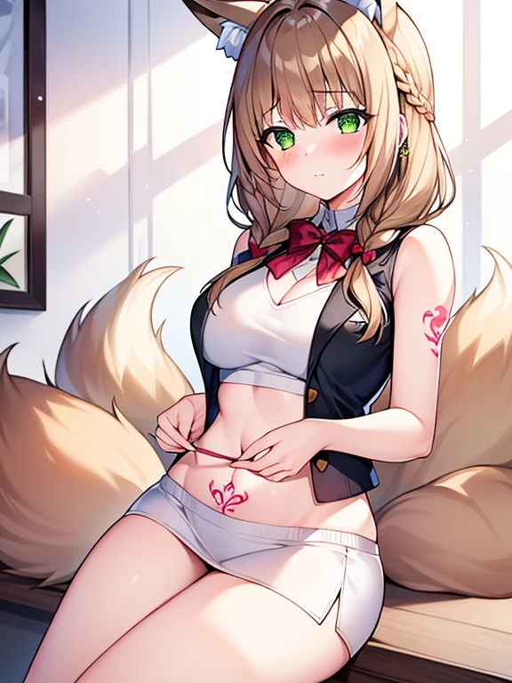 masterpiece, Highest quality, Highest Resolution, One girl, alone, Oversized fox tail,Green Eyes,(Long brown hair_Sideways French braided hair),Small flower head dress, (27 years old,Busty Wife)_Mature female figure_F Cup,modern architecture,(Blushing:1.3),Represents medium , On the stomach_Succubus Tattoo, Mature Woman, sexy sports vest