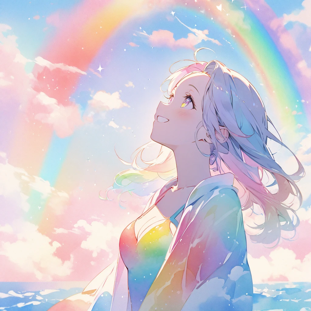 Top quality, masterpiece, pastel colored background, watercolor style, woman, rainbow colored hair, rainbow colored eyes, rainbow colored bikini, rainbow robe, rainbow colored leotard, rainbow colored clouds, sparkling sea, with a smile look up at the sky,Double Exposure