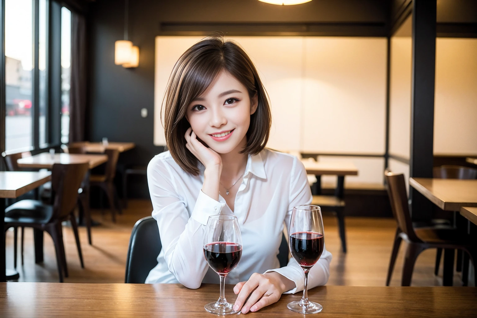 ((Highest quality、8K、masterpiece:1.3))、Shortcuts、cute、slimカップル、modelカップル、actress男優、(Realistic, Intricate details:1.2), full-course dinner、Wine Party、Amazing view of the sunset sky and clouds、A bright smile、short hair,Bright Face、 (Age 45), 42 years old, red wine 、Appetizers、Italian food、Wine bottle、Champagne、sparkling wine、Two beauties、Brown Hair、Shortcuts、Long sleeve shirt、dress、Beautiful woman 1, (slimな顔), (The body is slim), (Brown Hair), (Shortcuts), cheeks turn a little red,Attractive beauty、restaurant, In a prominent place (From the waist up) Nova Frog Style, actress, model, Upper Body, White wine, slim, wine glass, 中央に置かれたwine glass, smile, (smile: 1.15), Beautiful fine grain, Depth f/2,saturation, High Contrast, Strong light and shadow,Moist Body:1.5、3D texture、Delicate eyes、Brown Hair、The hair is very shiny、