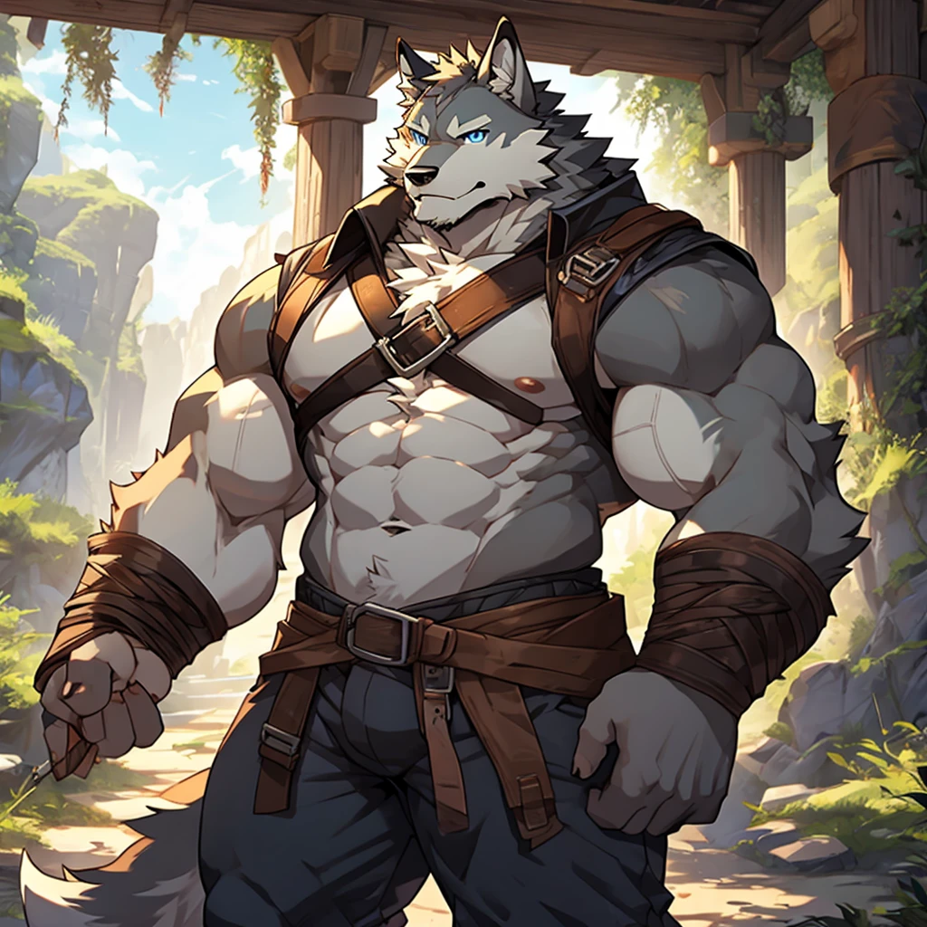 Furry,solo,gray wolf, blue Eyes,stocky,bare pecs,bare belly, Wear an adventurer's outfit,There is a red cloth.,red scarf,Behind is a mountain.,There is a waterfall.,Standing on the rocks by the waterfall,High resolution imageHDR,4K