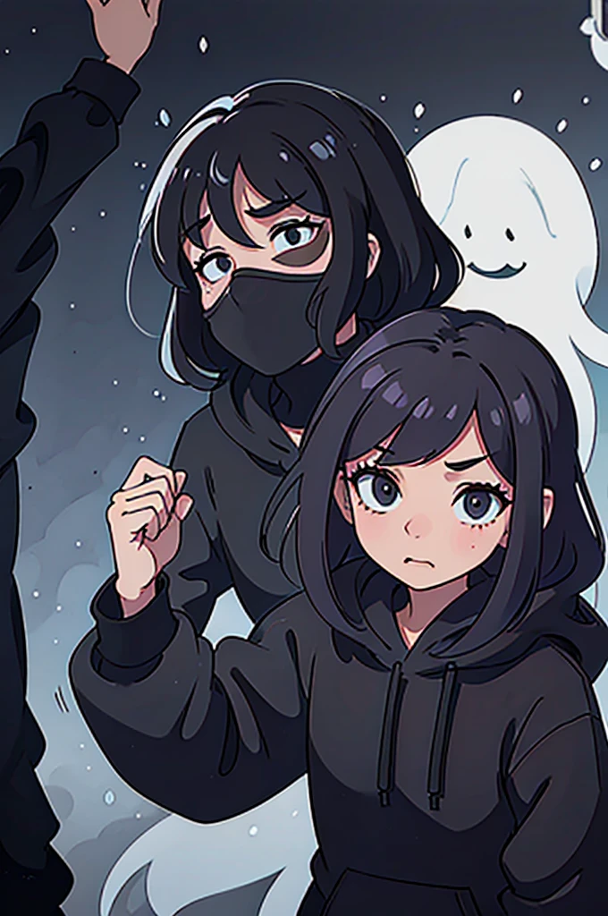 One man, wearing a black hoodie, ran away in fear.
chased by ghosts