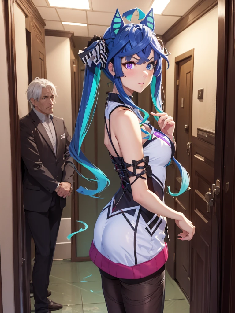 (Masterpiece, best quality, high res、highly detailed cg: 1), Create an image of a man being led by a prostitute through a hallway in a brothel. The man’s face should not be shown, and his clothing should be plain and unremarkable. The prostitute should be dressed in typical revealing attire, characteristic of her profession. The setting is a dimly lit hallway inside a brothel, with the prostitute holding the man’s arm as they walk. The prostitute should have a sly, smirking expression on her face, while the man's body language should convey hesitation and indecisiveness. Twin_Turbo_Umamusume, aqua hair, twintails, heterochromia, purple eyes, blue eyes, sharp teeth,hores tails, nsfw, 1faceless male